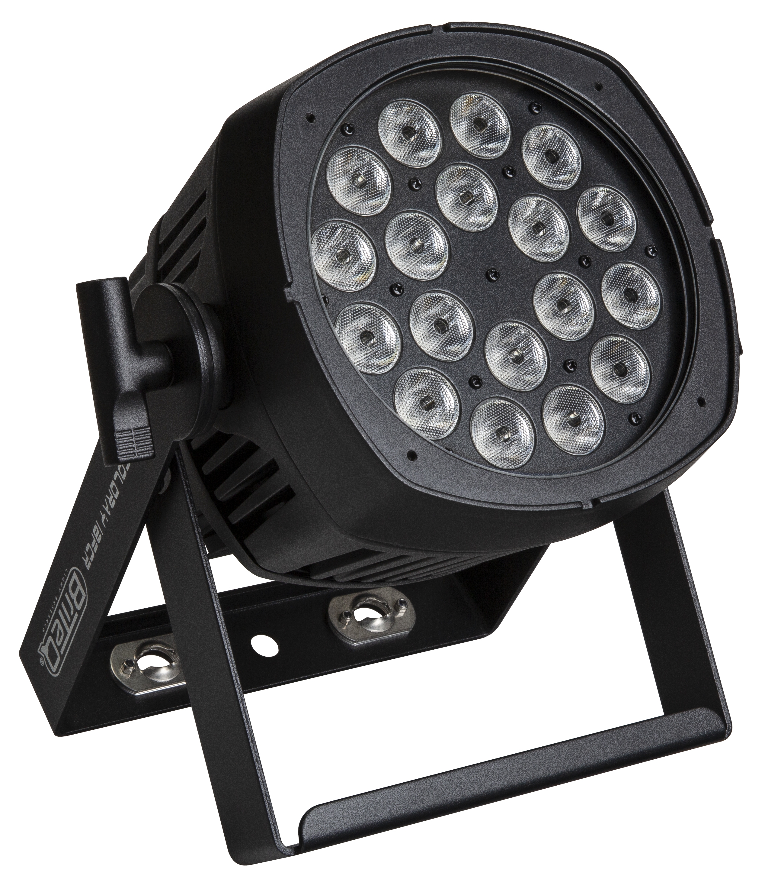 Outdoor projector with 18x8W RGBW leds, 20- beam angle and Neutrik TRUE1 Powercon and 3P XLR connectors and IP-fan cooling