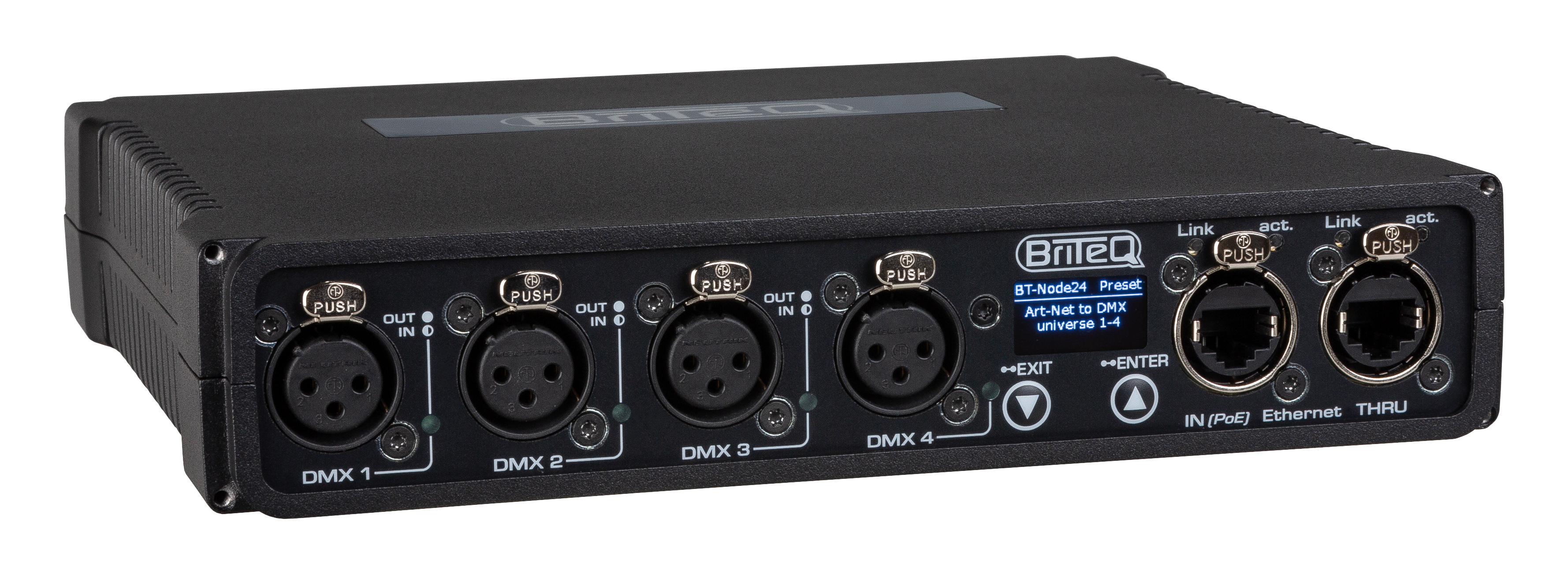 High-speed ArtNet & sACN Node with 4 configurable DMX ports (XLR 3-pin), web interface and OLED display.  Compatible with DHCP, RDM and Gigabit Ethernet with PoE