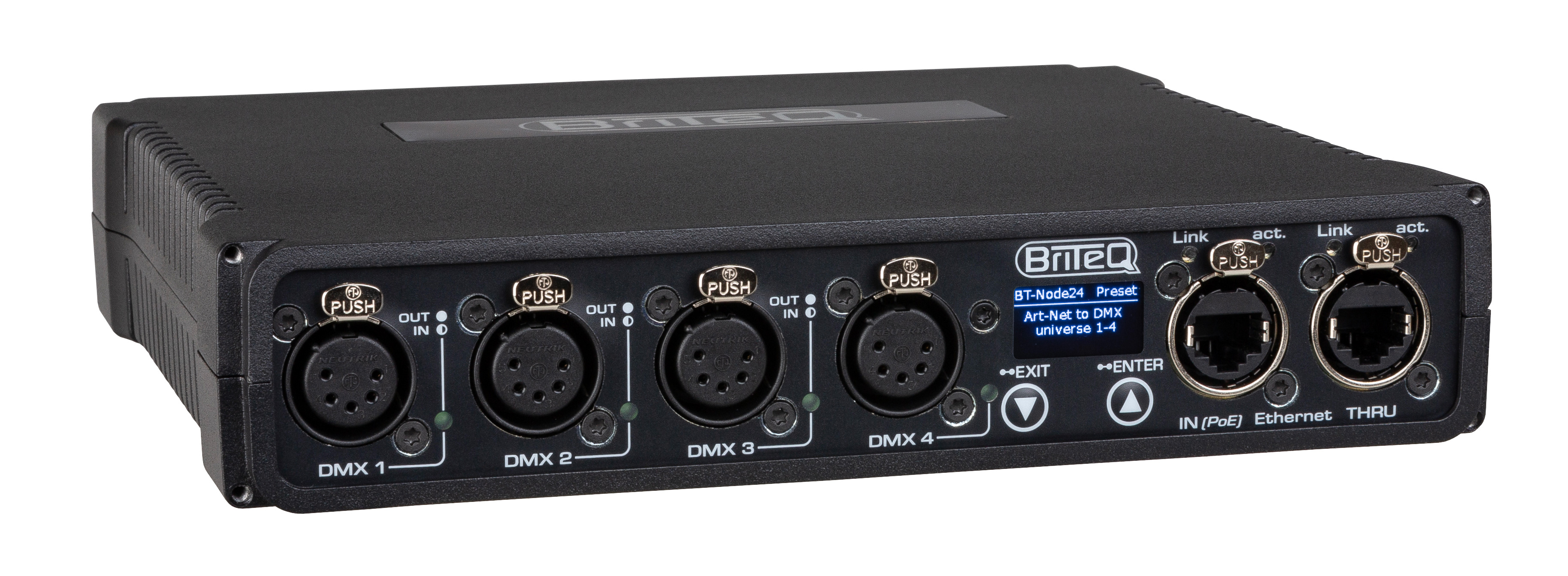 High-speed ArtNet & sACN Node with 4 configurable DMX ports (XLR 5-pin), web interface and OLED display.  Compatible with DHCP, RDM and Gigabit Ethernet with PoE