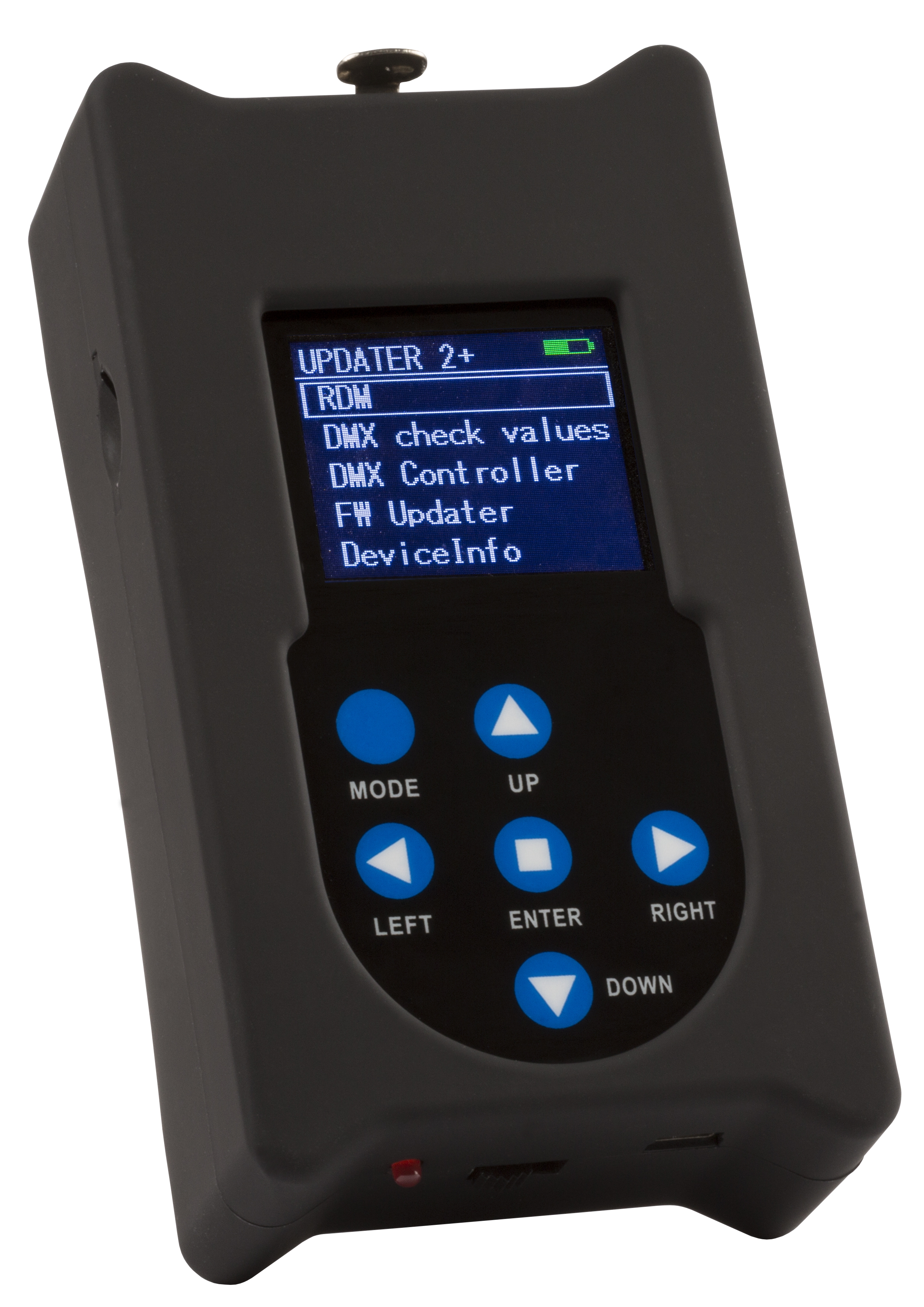 Standalone firmware updater, equipped with additional functions such as RDM, monitoring DMX values, DMX controller with 20 steps program.