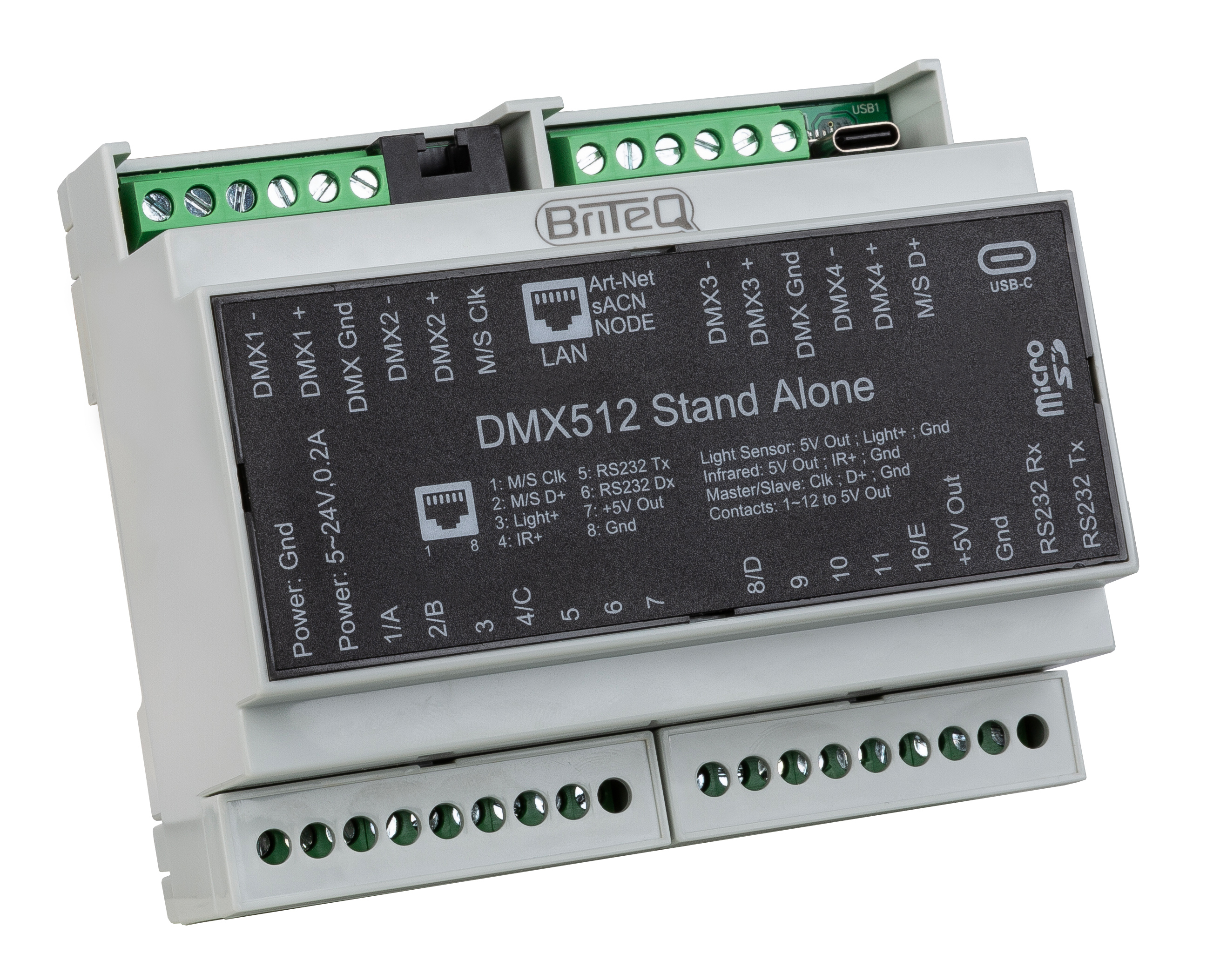1024 Channel DMX interface & Multizone controller with Ethernet port for Local Area Network (LAN, WLAN) that can be easily mounted on a DIN Rail