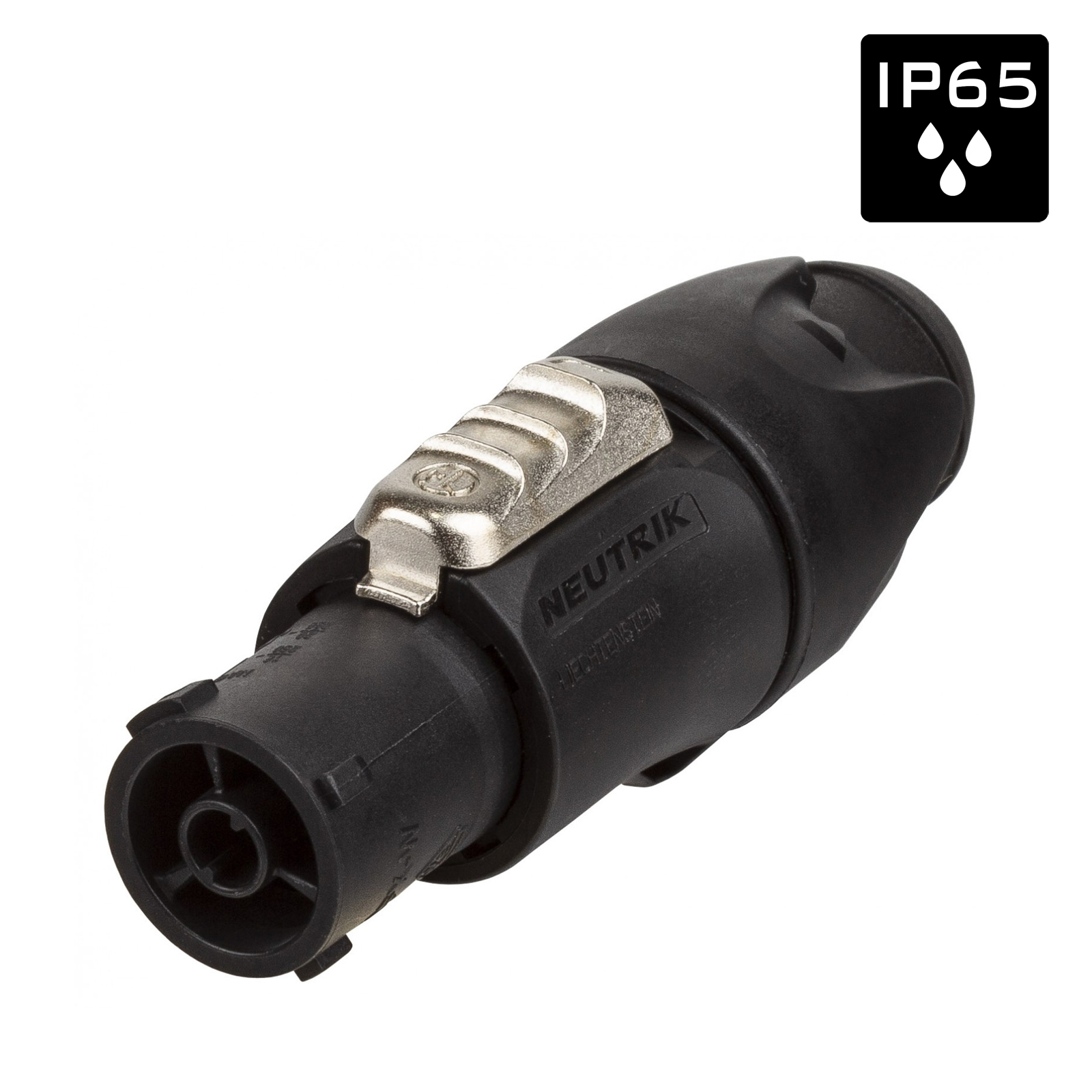 Neutrik PowerCON TRUE1 locking female cable connector with power-in and screw terminals for outdoor applications.