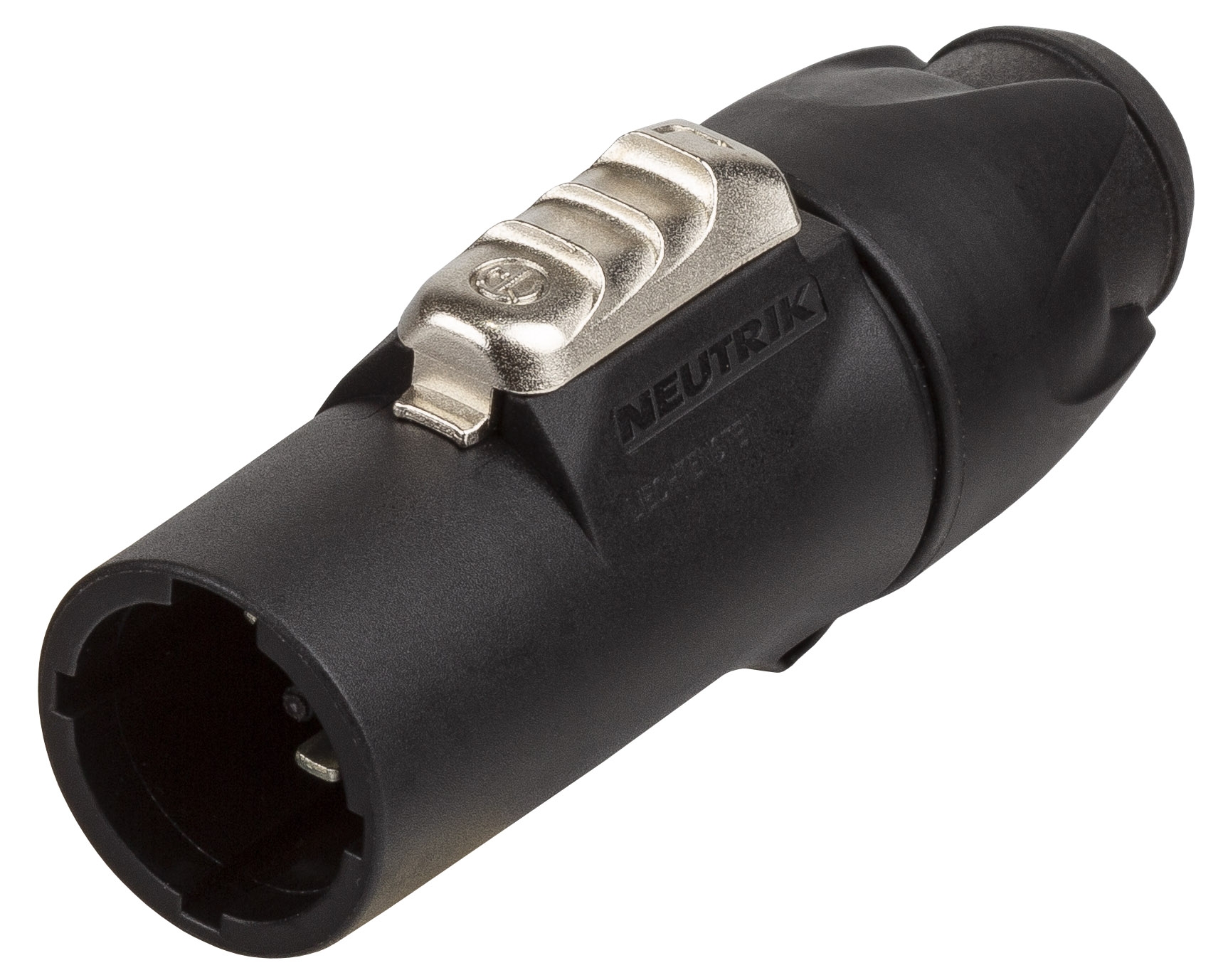 Neutrik PowerCON TRUE1 locking male cable connector with power-out and screw terminals for outdoor applications.
